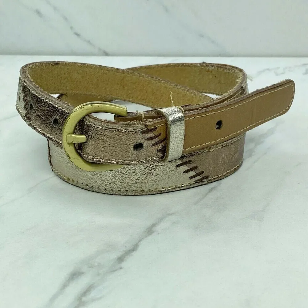 Chico's Metallic Patchwork Genuine Leather Skinny Belt Gold Buckle Small (S) ✨